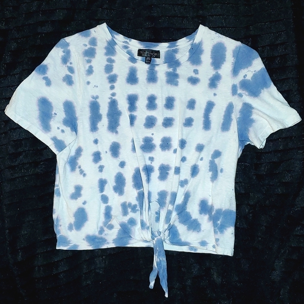 Topshop SZ 6 Baby Blue/White Tye Dye Tied Crop Top